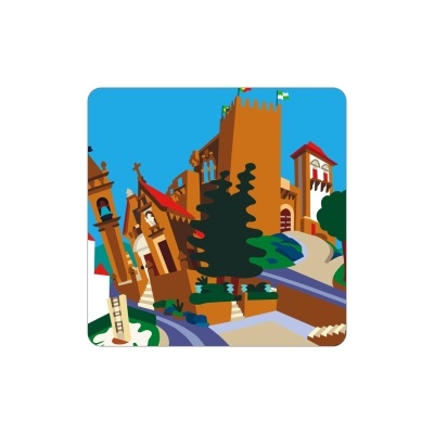 Desenho digital estilizado de edifícios coloridos e árvores num cenário urbano