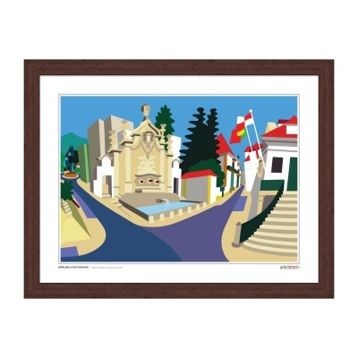 Gravura ilustrativa emoldurada de fonte pombalina e edifícios coloridos em Arruda dos Vinhos