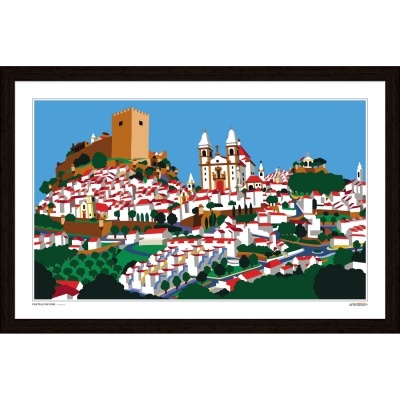 Pintura digital de vila com casas brancas, telhados vermelhos, torres brancas e fortaleza sobre colina