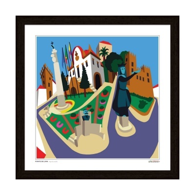 Ilustração colorida estilizada de uma praça com estátuas e edifícios.