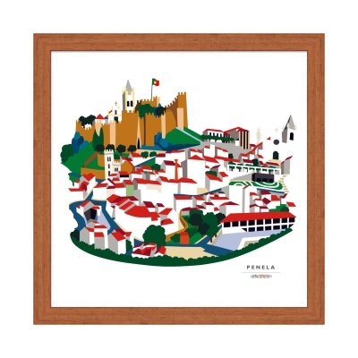 Ilustração gráfica da vila de Penela com castelo e casas brancas e vermelhas