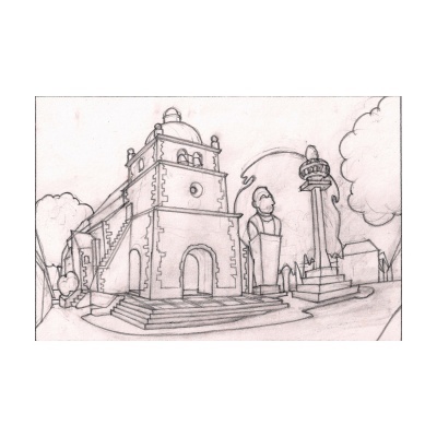 Desenho a lápis de edifício histórico com estátua e coluna ao ar livre