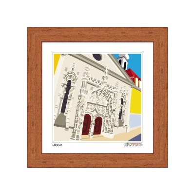 Imagem emoldurada de ilustração de fachada histórica em Lisboa com moldura de madeira castanha