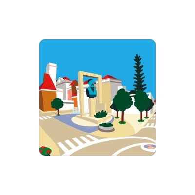 Ilustração de praça com estátua, árvores e edifícios coloridos.