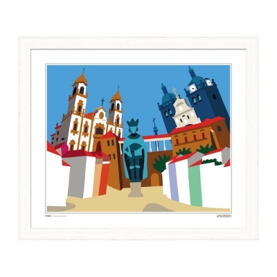 Ilustração colorida de arquitetura e estátua em moldura branca