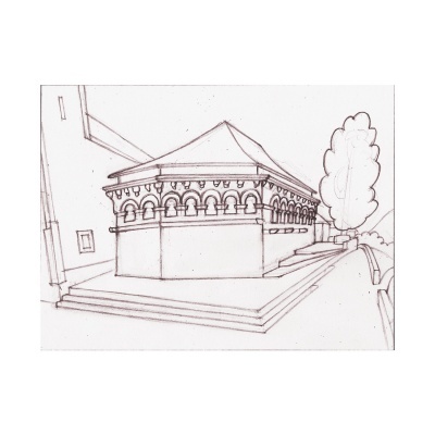 Desenho a lápis de um edifício com arcadas e telhado piramidal junto a uma árvore