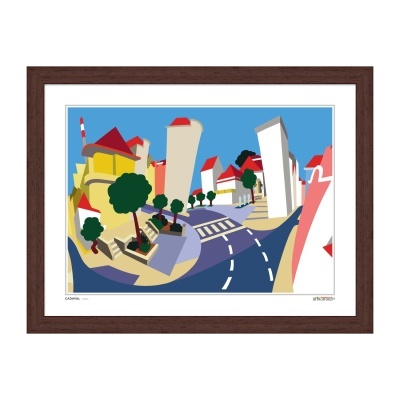 Ilustração colorida de rua urbana estilizada em moldura castanha