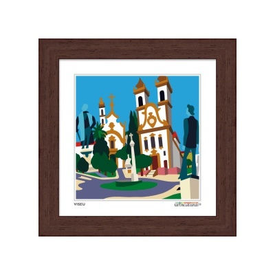 Quadro decorativo com imagem estilizada de igreja e estátuas em Viseu, moldura castanha