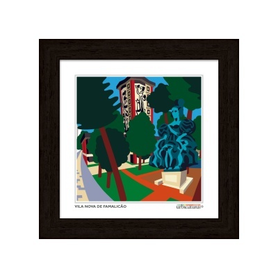 Imagem digital estilizada de escultura, árvores e prédio com moldura preta