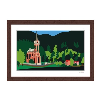 Ilustração digital da Capela de Nossa Senhora das Vitórias de Furnas com paisagem verde e montanhas ao fundo em quadro com moldura castanha.
