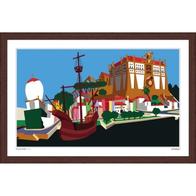 Quadro decorativo de porto com caravela e edifícios coloridos, moldura castanha