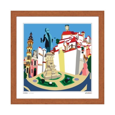 Reprodução artística digital da cidade de Coimbra em moldura de madeira