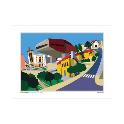 Ilustração digital colorida de paisagem urbana com edifícios e estrada