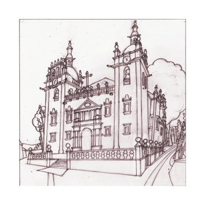 Desenho a lápis de um edifício antigo com torres e detalhes arquitetónicos.