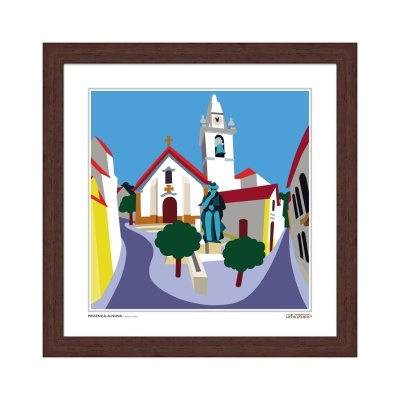Ilustração estilizada de igreja branca com telhado vermelho, árvores e estátua, moldura de madeira escura