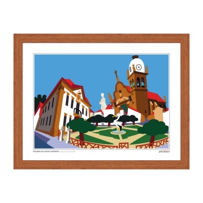 Quadro com pintura estilizada de uma praça com edifícios e torre de relógio