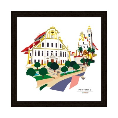 Ilustração digital de edifícios históricos em Portimão com árvores e texto, moldura preta