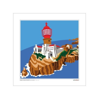 Ilustração artística de farol vermelho em falésia rochosa com mar azul