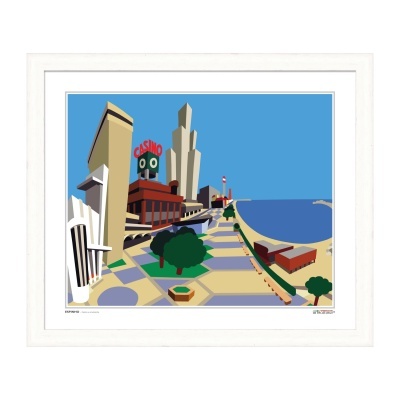 Ilustração digital de uma cidade com casino junto ao mar e edifícios altos