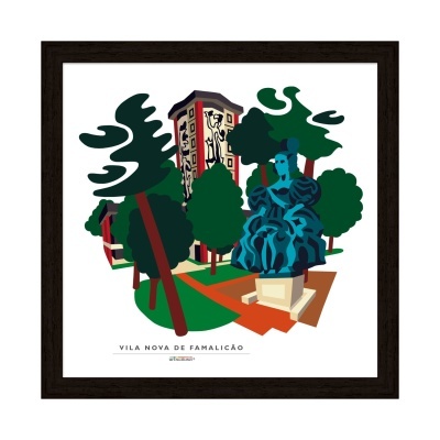 Ilustração digital emoldurada de monumento e árvores com texto VILA NOVA DE FAMALICÃO