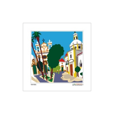 Ilustração colorida de rua em Tavira com edifícios e árvores verdes