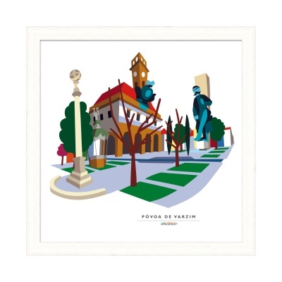 Ilustração estilizada da Póvoa de Varzim com torre, estátua e árvores em quadro branco