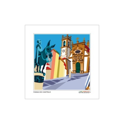 Ilustração da praça em Viana do Castelo com estátua de cavaleiro a cavalo e igreja histórica