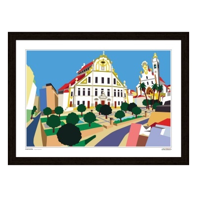 Quadro colorido com edifícios históricos e árvores em paisagem urbana