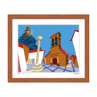 Imagem gráfica colorida de uma praça com edifícios históricos em moldura de madeira