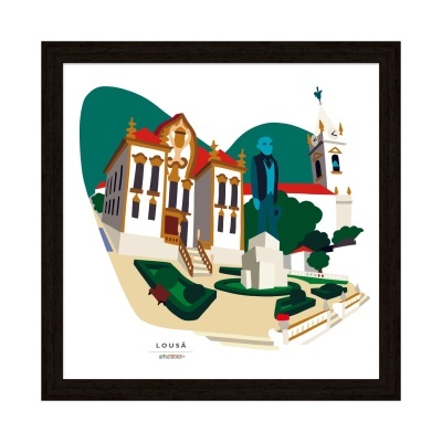 Ilustração digital da vila de Lousã com edifícios históricos, estátua e montanhas