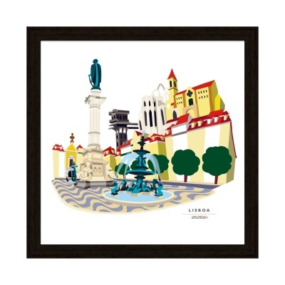 Ilustração colorida da Praça do Rossio em Lisboa com a Fonte, Coluna de Dom Pedro IV, árvores e telhados vermelhos em quadro com moldura preta.