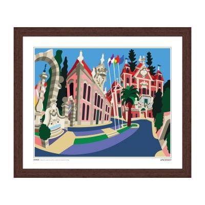 Ilustração colorida de edifícios com moldura de madeira escura