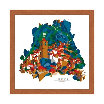 Ilustração colorida de Monsanto em quadro com moldura de madeira.