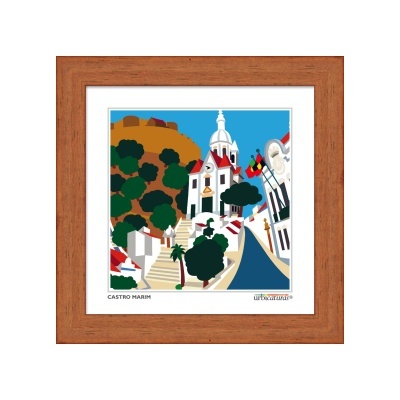 Quadro com moldura de madeira castanha e ilustração colorida de Castro Marim