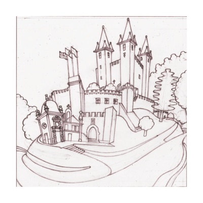 Desenho a preto e branco de castelo com torres, muros e árvores