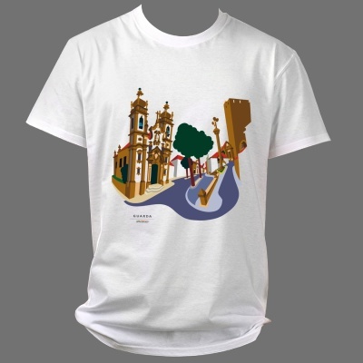 T-shirt branca com estampa colorida de cenário urbano e texto GUARDAMonumento