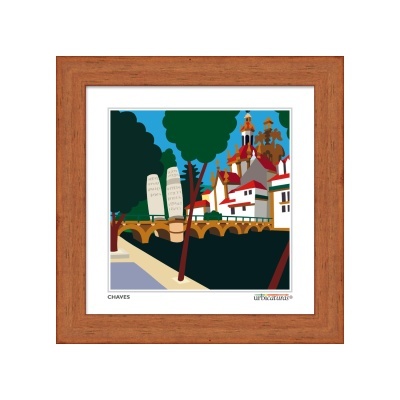 quadro em madeira com imagem gráfica colorida de ponte, árvores e edifícios