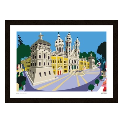 Ilustração colorida de edifícios históricos com torres e moldura preta