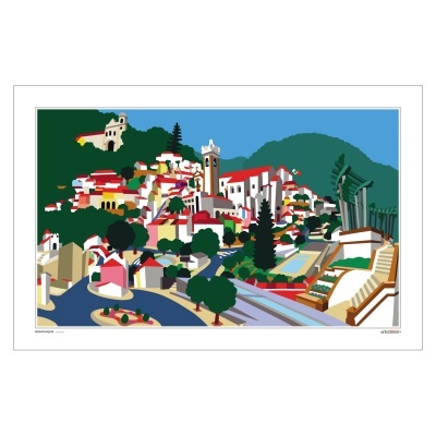 Ilustração digital de uma vila colorida com casas, árvores e montanhas