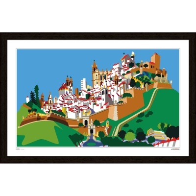 Gravura colorida de uma cidade antiga portuguesa com colinas verdes e céu azul