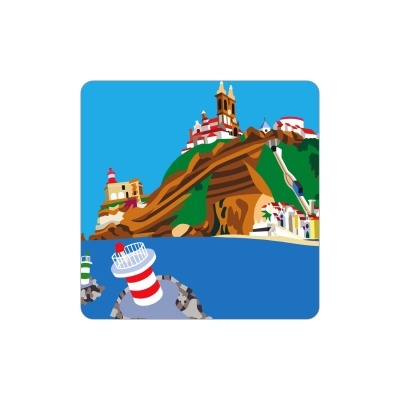 Ilustração de costa com dois faróis e colina com edifícios