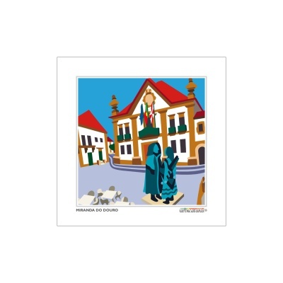 Ilustração da praça de Miranda do Douro com estátua e edifícios