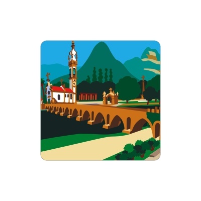 Ilustração de ponte e igreja com montanhas ao fundo