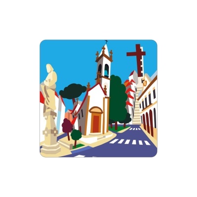 Ilustração de igreja, estátua e edifícios numa cidade com céu azul