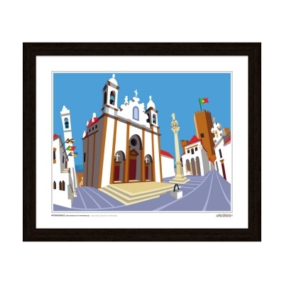 Ilustração digital moldurada de edifícios tradicionais com igreja e coluna estatutária