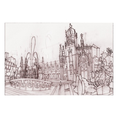 Desenho a lápis de edifício histórico com fonte e estátuas num cenário urbano.