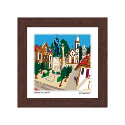 Ilustração de praça em Castelo de Paiva com estátua, árvores e edifícios em cores vivas em quadro com moldura de madeira.