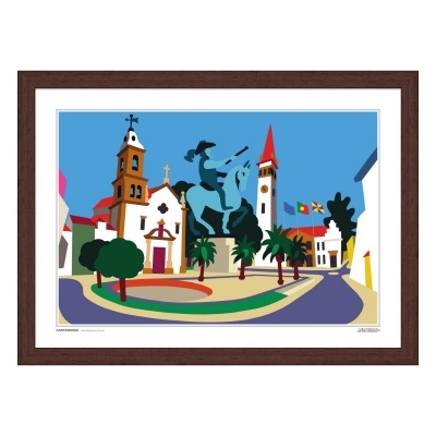 Ilustração colorida de praça com estátua equestre e edifícios, em quadro com moldura castanha