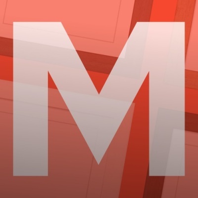 Letra M branca sobre fundo vermelho com padrões geométricos