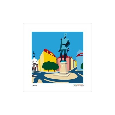 Ilustração colorida de estátua numa praça com edifícios e árvore, texto LISBOA